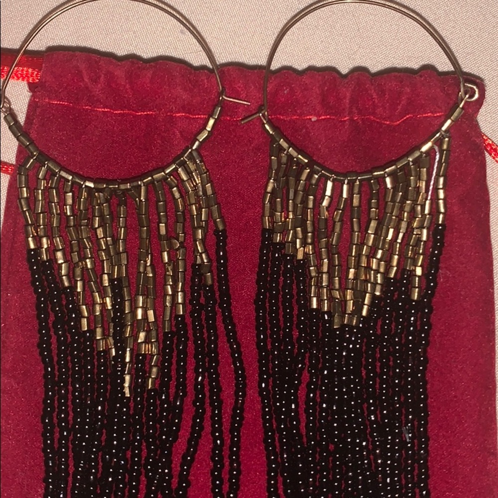 Gold and black beaded statement dangle earrings